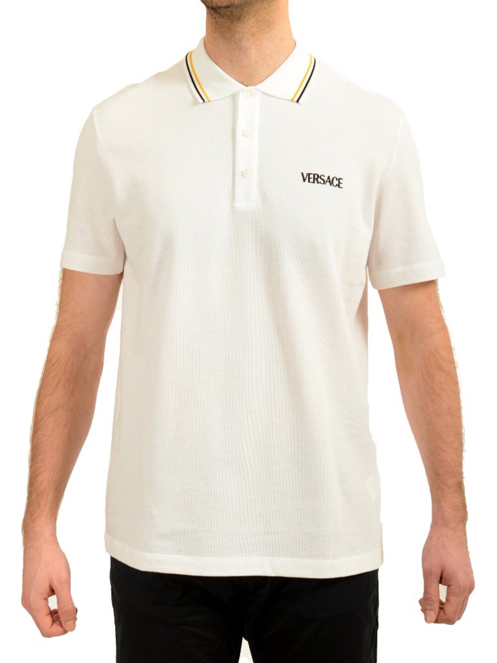 Versace Men's Black Logo Embroidery White Short Sleeve Polo Shirt US 5XL IT 62